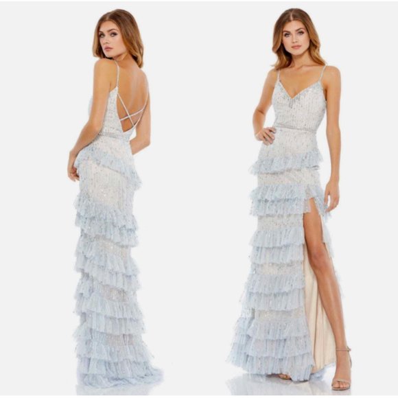 MAC DUGGAL 9116 EMBELLISHED RUFFLE TIERED SLEEVELESS POWDER BLUE GOWN sz 6 - Picture 1 of 3